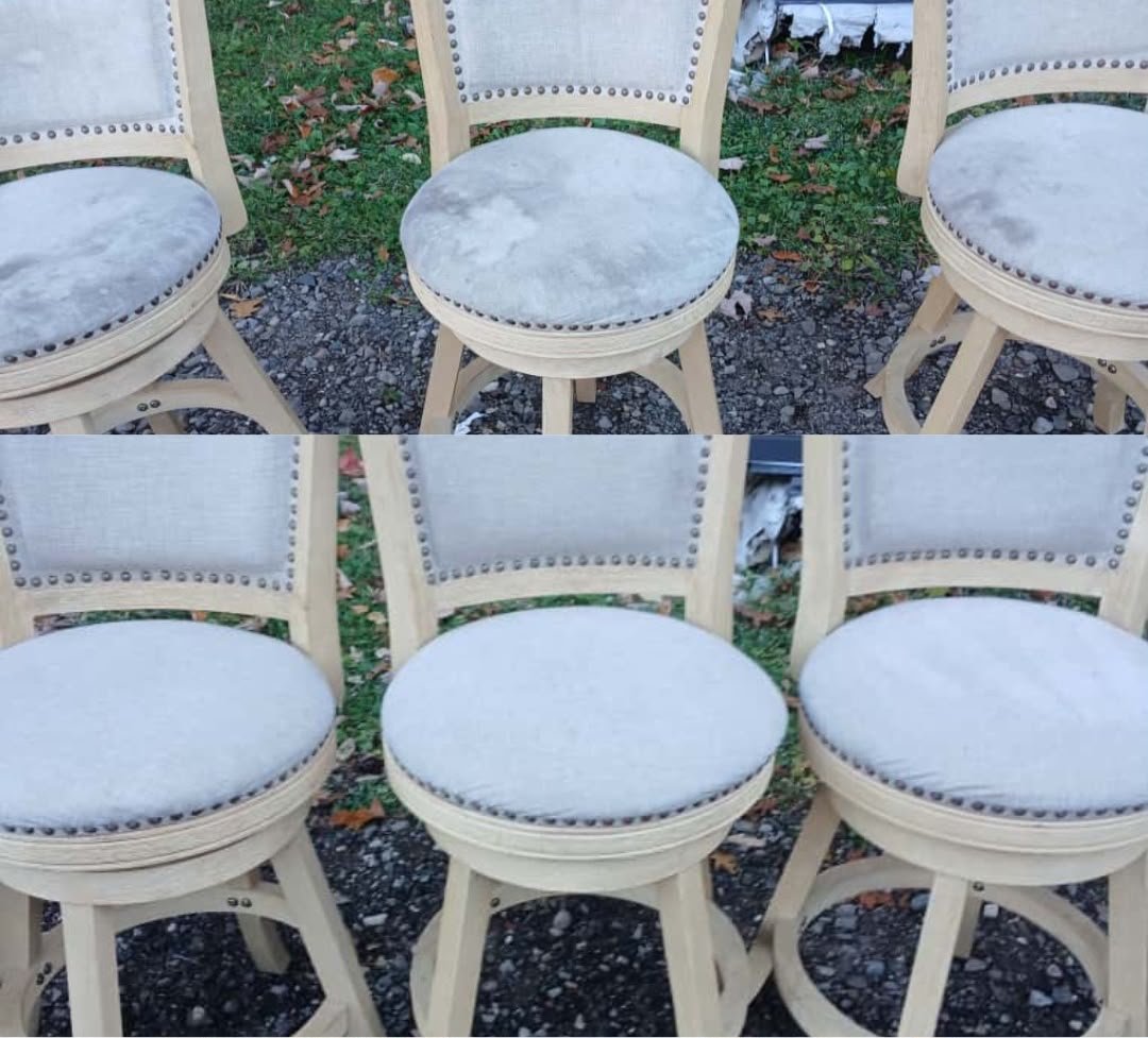 Three upholstered bar stool seats visibly soiled before cleaning, and the same three stools clean afterwards