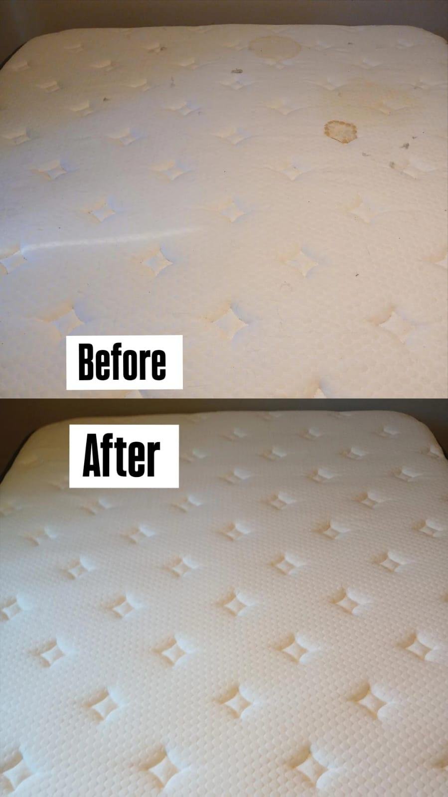 A mattress with visible stains before cleaning, and the same mattress spotless afterwards