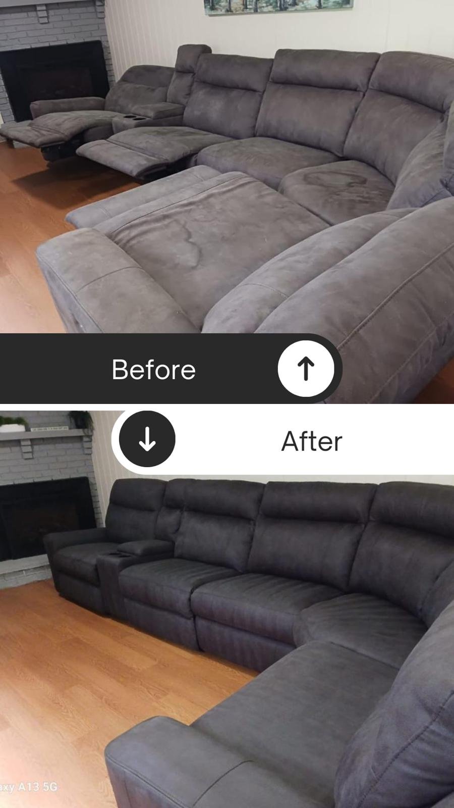 A grey reclining sectional sofa with visible dirt and watermarks before cleaning, and the same sofa clean afterwards