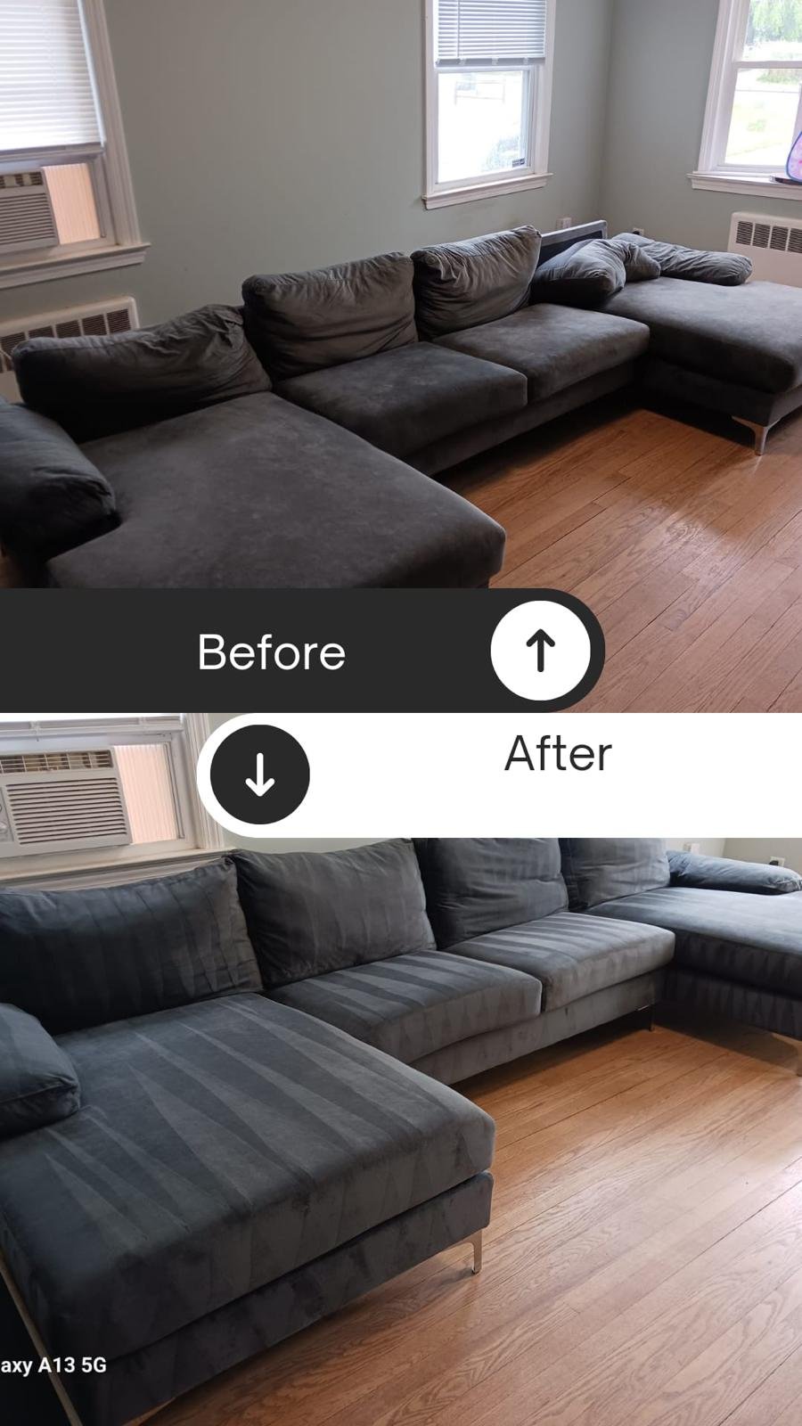 A grey sectional sofa before cleaning, and the same sofa restored to an even, streak-free finish afterwards