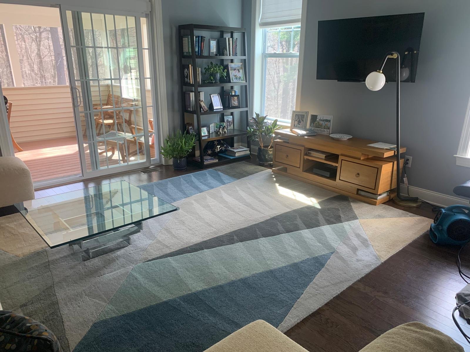 Living room area rug drying under an air mover after cleaning